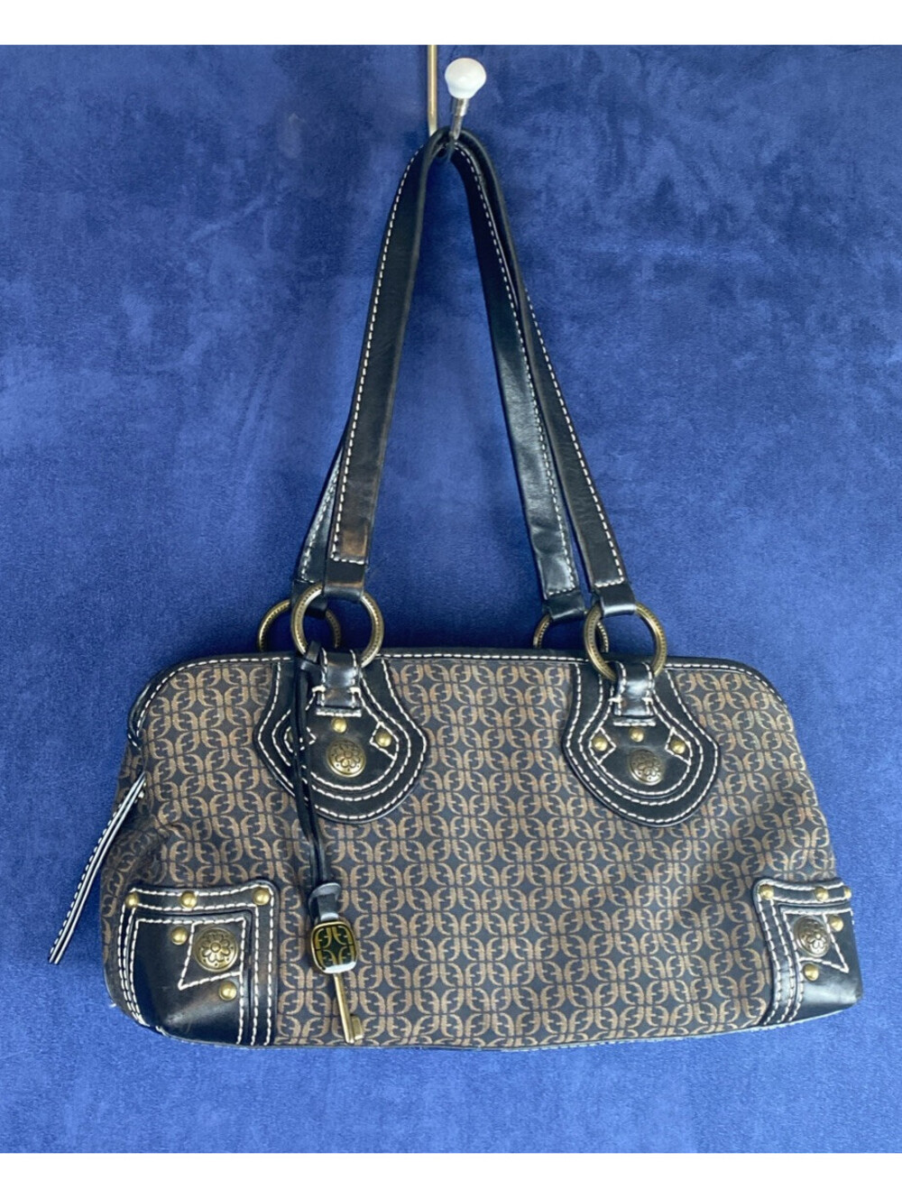 Fossil Satchel Top Handle Handbag Monogrammed Nylon Medium Size